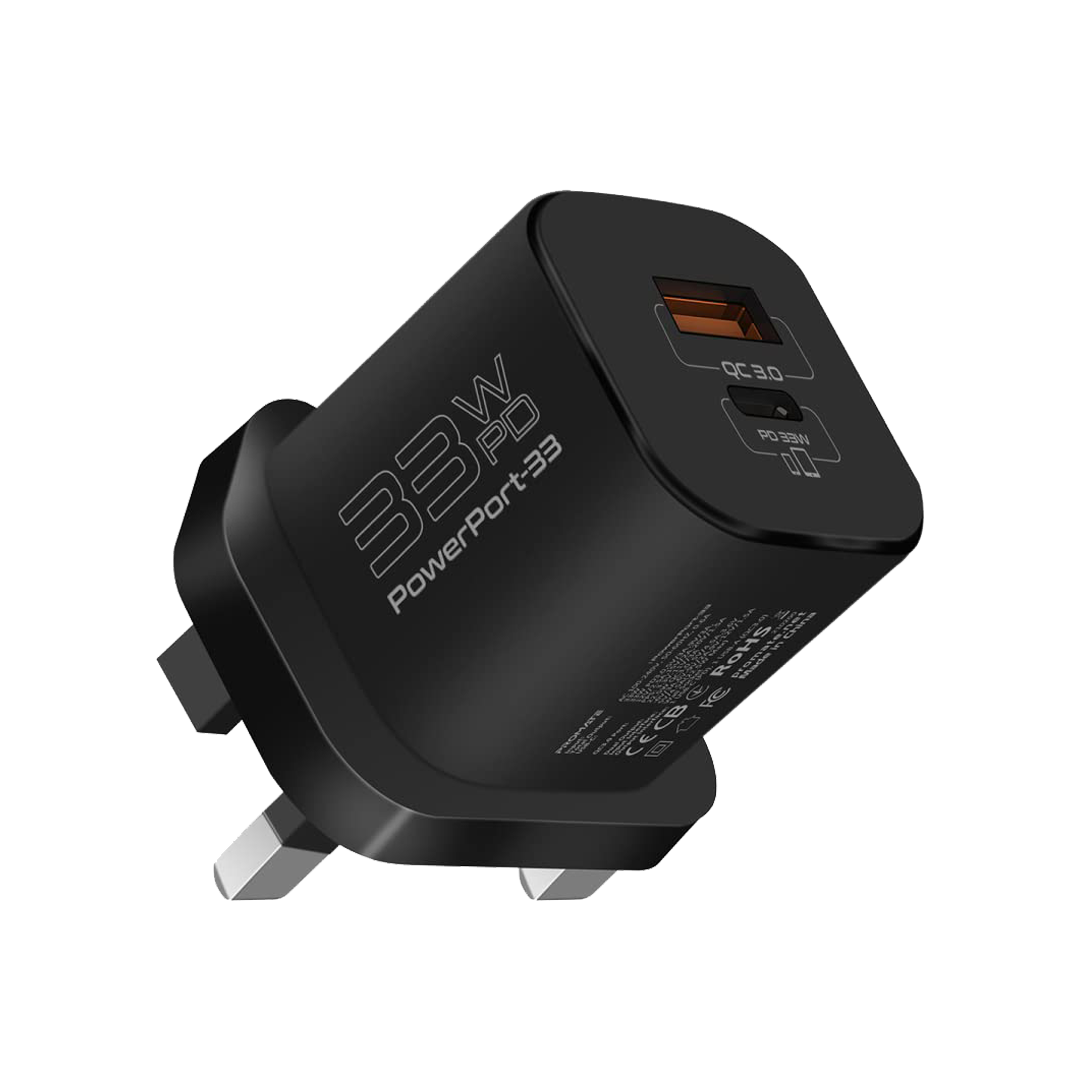 Promate 33W Power Delivery Ganfast USB and C Wall Charger with Surge Protection Black in Qatar Promate 33W Power Delivery Ganfast USB and C Wall Charger with Surge Protection Black in Qatar